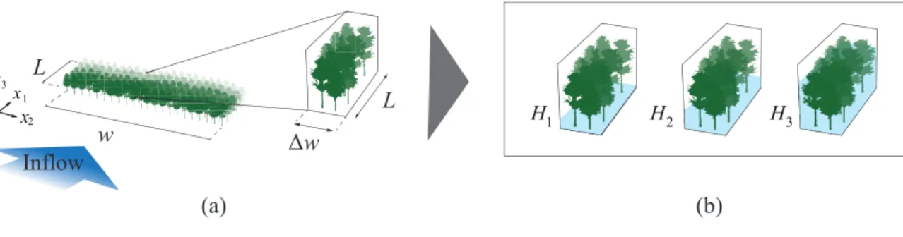 Figure 2.3: Concept of the 3D numerical flow tests (a) The LTD established as a spatially reduced domain of the overall forest (b) Numerical simulations conducted with various inflow depths ˆ h=h 1 , h 2 ,..