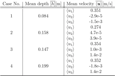 Table 3.2: Results of numerical flow tests for rigid trees in the LTD A set of time averaged mean depth [h], mean velocity ⟨ u ⟩ by Eq