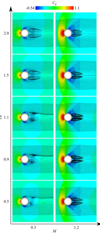 Figure 4.4: Pressure coeﬃcient distribution and streamlines at Re = 250 in time-averaged field (x − z plane).