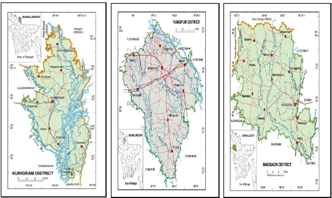 Fig. 1.2. Maps of the three districts in which villages were selected for this study  (Source: Wikipedia) 