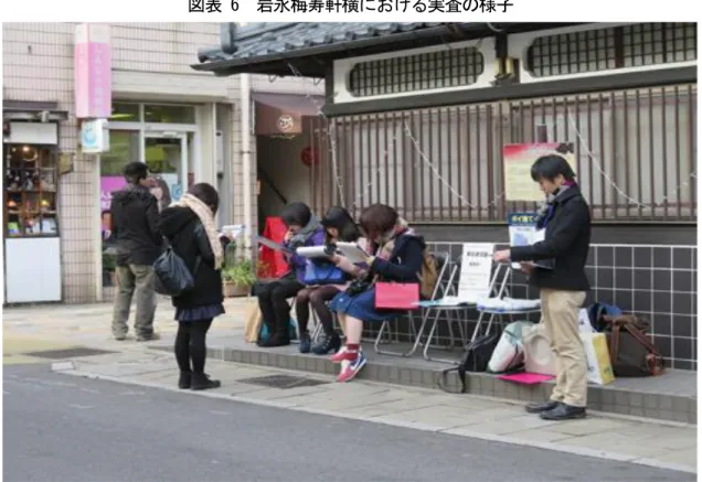 図表 6  岩永梅寿軒横における実査の様子  ２．調査結果報告会    近隣居住者調査および来街者調査の集計が終了した段階で、5 つのエリアを新大工エリアと中島 川・寺町・中通りエリア、浜んまち・銅座エリア、館内・新地エリアと東山手・南山手エリアの 3 つに集約して、 それらのエリアに立地する商店主向けの調査結果報告会を、 図表 7 の通り実施した。 図表 7  調査結果報告会の開催日時・場所    調査結果報告会では、意見交換会も実施し、 「日頃の商売における実感通りだった」 、 「あのエリ アとの回遊性
