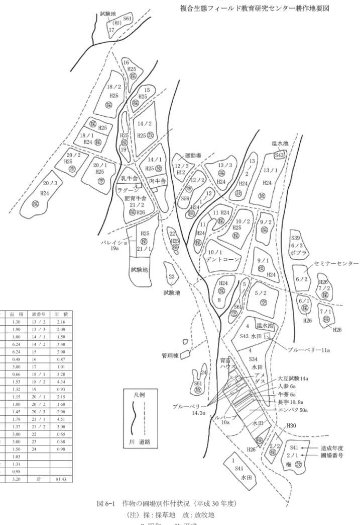 図 6 - 1 　作物の圃場別作付状況（平成 30 年度） （注）採 : 採草地　放 : 放牧地 S: 昭和　　 H: 平成圃番号面　積圃番号面　積11.3013ノ22.162ノ11.9013ノ32.002ノ21.0014ノ11.5036.2414ノ23.4046.24152.005ノ10.48160.875ノ23.00171.016ノ10.6618ノ13.286ノ21.5318ノ24.346ノ31.32190.937ノ11.1520ノ12.157ノ21.0020ノ21.6081.4520ノ32.009ノ1