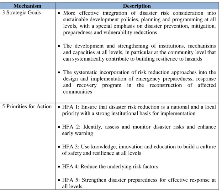 Table 2.1: Summary of strategic goals, priorities for action, indicators of progress,  reporting process, key documents and supporting mechanism of the HFA 