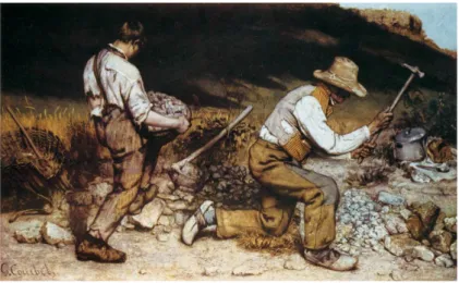 図 2.6.  クールベ「石割り」1851–52 年      クールベは、伝統的な絵画の技法を若い段階において習得し、常に新しいことを試みようとする画家 であったと言われている 167 。 1850 年、クールベがサロンに出品した 9 点の作品の中のうち、「石割り」 を含む 3 点が非難の対象となった。なぜならば、「石割り」は、道路工事のつらい労働をする老人と少 年を描いたものであり、それは、当時のフランスにおける中産階級に対する批判を示唆するものであっ たからだという 168 。クールベの「石割り」には