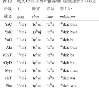 表 12  蔵文 C/TS 系列の前部硬口蓋破擦音との対応 語義 1 経文 寿命 美しい