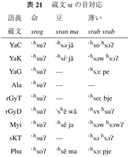 表 21  蔵文 sr の音対応 語義 命 豆 薄い 蔵文 srog sran ma srab srab