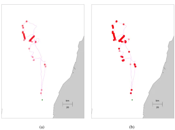 Figure 3.1: (a) Sample stay points extracted form a shearwater trajectory with time param- param-eter of 10min and spatial threshold of 500m indicated by red ◦