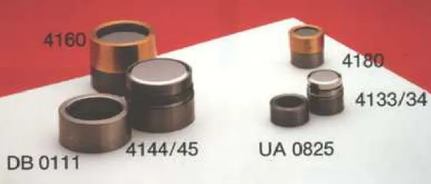 Fig. 1-4. Practical microphones used as laboratory standard (4160, 4180) and working standard  (4144/45, 4133/34) microphones 
