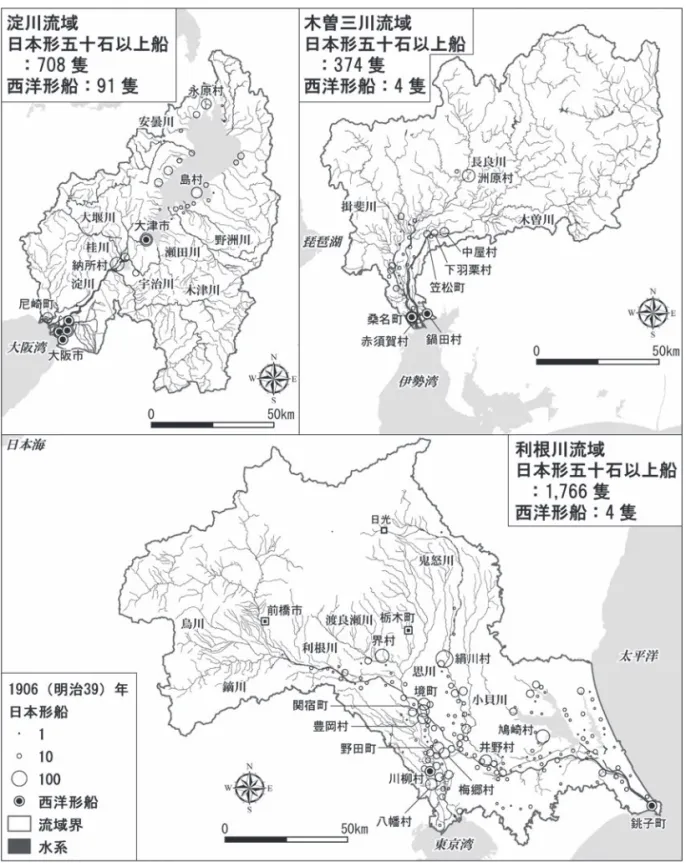 図 8 三流域における日本形五十石以上船および西洋形船の分布 ―1906（明治 39）年―
