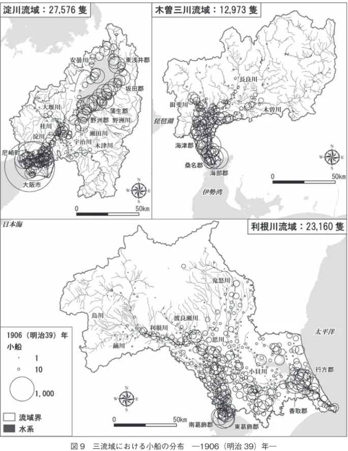 図 9 三流域における小船の分布 ―1906（明治 39）年―