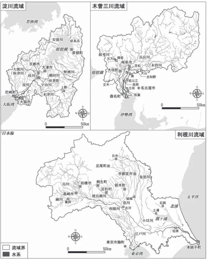 図 2 三流域の概観 ―明治期―