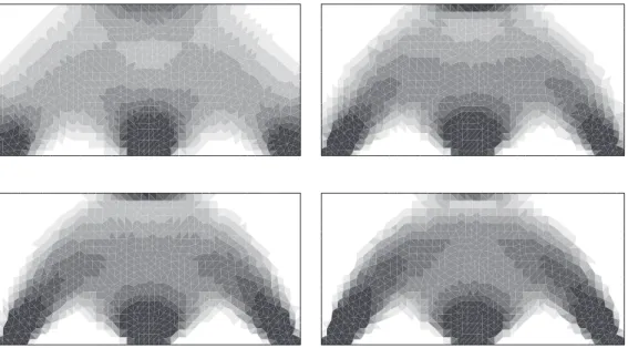 Fig. 12. Thickness at iterations 1, 5, 10, 30 (uniform initialization), where h min ¼ 0:1; h max ¼ 1:0; h 0 ¼ 0:5 (increasing thickness from white to black).