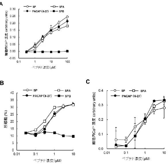 Figure 4   SP ， SPA ， SPB および PACAP （ 6-27 ）による MRGPRX2/HEK293 細胞内 Ca 2+ 濃度上昇 作用（A），ヒト結合組織型肥満細胞の脱顆粒誘導（B）およびヒト結合組織型肥満細胞内 Ca 2+ 濃度 上昇作用（ C ）  Fura-2/AM を取り込ませた MRGPRX2/HEK293 細胞（ A ）およびヒト結合組織型肥満細胞（ C ）に各 濃度のペプチドを添加後， 340 nm の励起光で励起した際の 510 nm の蛍光強度と， 380 nm 