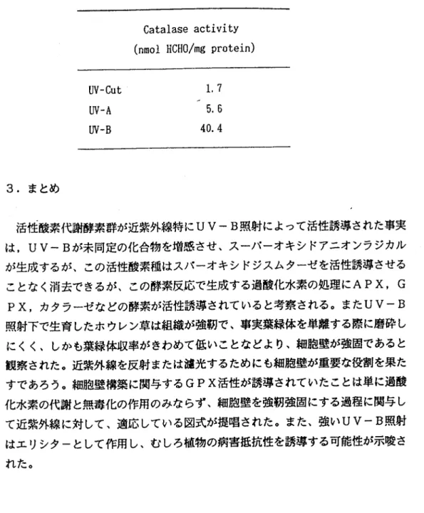 表 2 異なる近紫外線条件下で生育させたホウレンソウ葉でのカタラーゼ活性 catalase activity (nmoI HCHO/mg protein) 3.まとめ 活座酸素代謝酵素群が近紫外線特にU V ‑ B照射によって活性誘導された事実 は. UV‑Bが未同定の化合物を増感させ､スーパーオキシドアニオンラジカル が生成するが､この活性酸素種はスパーオキシドジスムクーゼを活性誘導させる ことなく消去できるが､この辞素反応で生成する過酸化水素の処理にAPX, G px,カタラーゼなどの辞素が活性誘導され