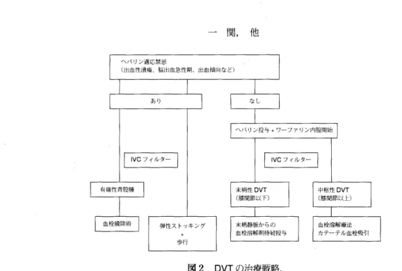 図 2 DVTの治療戦略.抗凝 固療法下の弾性 ス トッキ ング着用 に よる歩行が治療の 主流 となる可能性が ある.2.DVTの外 科治療 および血栓溶解療法外 科 的治療 は大 腿 静 脈 か らの血栓 摘 除 で あるが,絶対 的適応 と しては有痛性青股腫 があげられ る.激 しい痛 み を伴 う下肢 のチ アノーゼがみ られ る.外科 的治 療 の適応期 間は発症後 1 週間前後 とされ,血栓 溶解療法 と同様 であ る.下肢静脈 か らの アプロ ーチ に よる血栓 溶解療法 は外科 的治療 