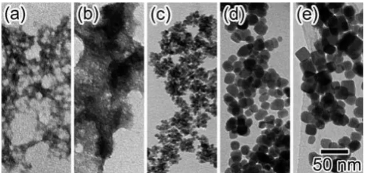 Figure 1.8  エチレングリコール系で 250°C での加熱時間が (a)0 h 、 (b)1 h 、 (c)3 h 、 (d)24 h 、 (e)96 h の場合の TEM 像 34