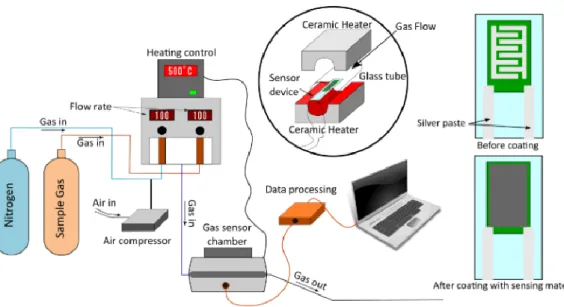 Figure 2.1 Schematic figure of gas sensing measurement system and the  fabricated sensor device 