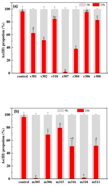 Fig. 3 Arsenic transformation of 7 isolates from P. vittata (a) and P. multifida (b) with aioA-like  genes in 0.2X TSB medium spike with 0.1 mM As(III).
