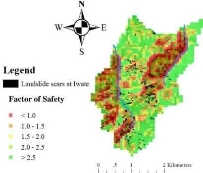 Figure 3.9 Factor of safety map of Iwaizumi landslide analysis 