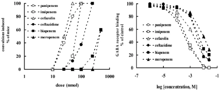 Fig. 3. Convulsant Activity of Carbapenems and Their Inhibitory Activity on GABA Receptor Binding ことを考えると，Cmax を増大させるように投与す ることが期待される．一方，アミノ配糖体の PK パ ラメータと副作用発現の関連性が指摘されている． アミノ配糖体による腎障害と同薬のトラフレベルと の関連性及び，耳障害と累積投与量・投与期間との 関連性が指摘されている． 15,16) アミノ配糖体薬は， 腎から排