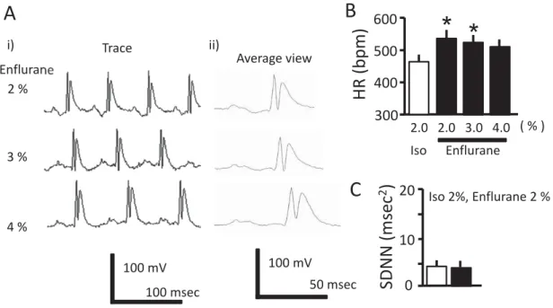 Figure 1 A） Representative traces of electrocardiogram with 2‒4 % enﬂurane anesthesia （i）. Representative averaging  view of electrocardiogram with 2‒4 % enﬂurane anesthesia （ii）.