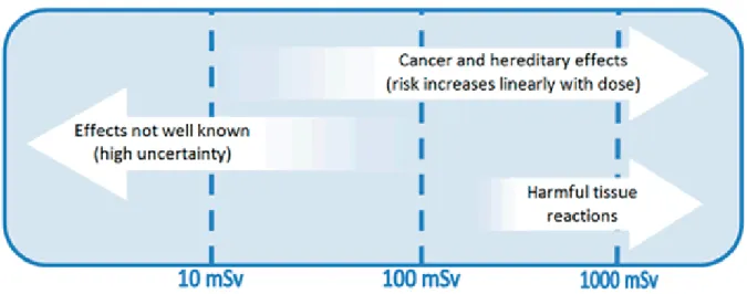 Figure 1. 1: Radiation health effects at different exposure levels (ARPANSA Fact Sheet, 2015)  Thus, the severity of this effect increases with increasing absorbed dose