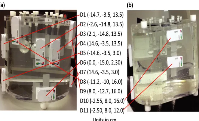 Figure  3.  4:  Experimental  setup  and  11  D-shuttle  dosimeter  (D)  positions  in  Cartesian  coordinates on the surface of a NEMA body phantom for obtaining body surface doses; (a)  front side of the phantom and (b) back side of the phantom 