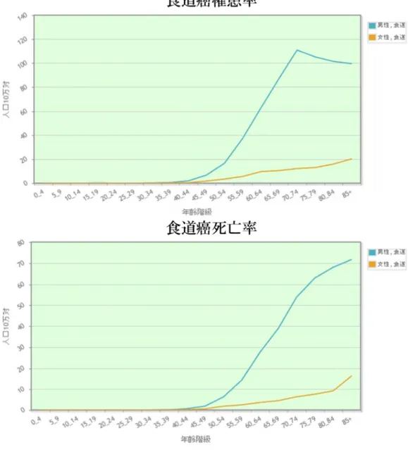 図 1.1  食道癌男女別年齢階級別罹患率（上）と食道癌男女別年齢階級別死亡率(下）