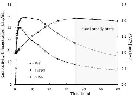 Figure 5.1: Time activity curves of target and reference regions of an amyloid radiotracer  (y-axis on the  left) and the changes in SUVR over time (y-axis on the right)