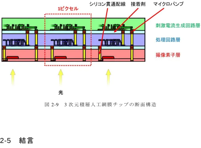 図 2-9  3 次 元 積 層 人 工 網 膜 チ ッ プ の 断 面 構 造 2-5  結言 本 章 で は 、 網 膜 を 電 流 刺 激 す る こ と に よ り 失 明 患 者 の 視 覚 を 再 生 す る 人 工 網 膜 の 基 本 的 な 構 成 と 人 工 網 膜 を 用 い た 視 覚 再 生 の 原 理 に つ い て 説 明 し た 。 次 に 、 従 来 の 人 工 網 膜 の 分 類 を 示 し 、 そ れ ぞ れ の 利 点 と 欠 点 を 述 べ た 。 そ し て 、 従