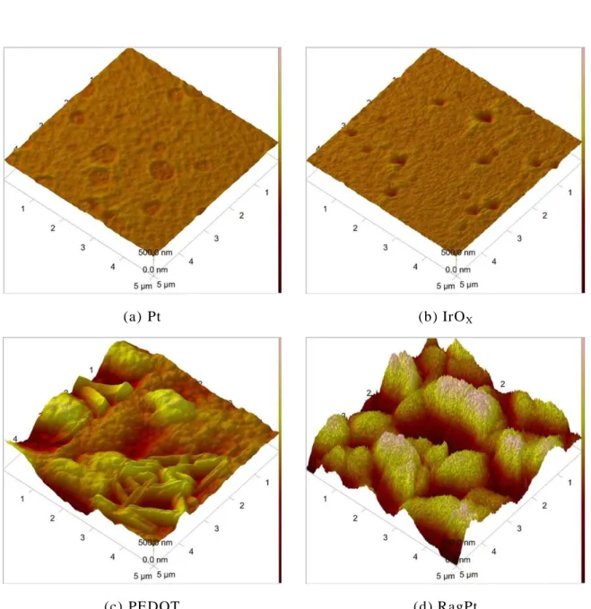 図 3-7  Pt, IrO X , PEDOT, RagPt 電 極 表 面 の AFM 写 真
