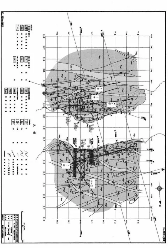 図 6　「図 4.1.9　ダムサイトの地質構造と断層（水平断面：EL.360m）」、36 頁、断層記号番号を加筆。