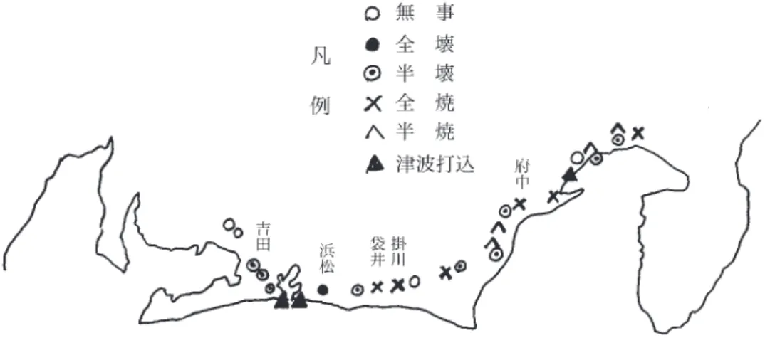 図 9　嘉永 7 年東海・東南海地震時の東海道筋の被害分布 （渥美郡泉福寺史料より作成）