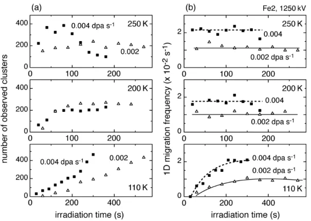 Figure 3. Damage rate dependence of the time evolutions of (a) the number of observed  SIA clusters and (b) 1D migration frequency under electron irradiation at 250 K, 200 K,  and 110 K, 1250 kV