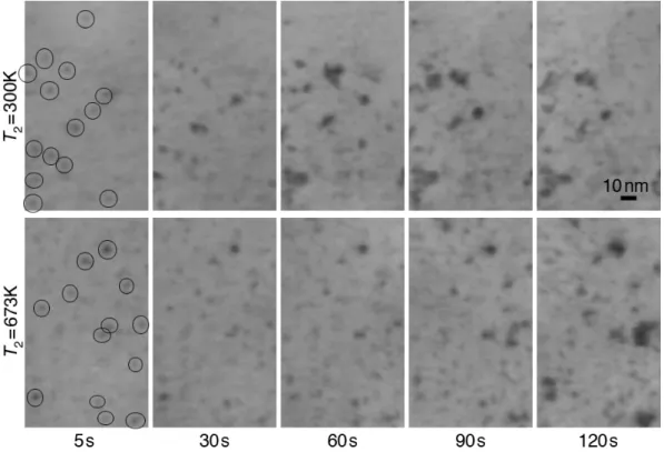 Figure 2. Defect structural evolution in SUS316L under electron irradiation at 300 K (in  the third step in Figure 1) after annealing for 1200 s at 300 and 673 K (in the second  step)