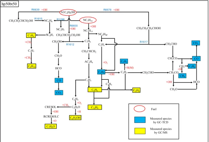 Figure 10.  Main reaction pathway analysis for hp50bt50 at U 0  = 10 cm/s, ϕ = 2.0, and T w,max  =  1100 K