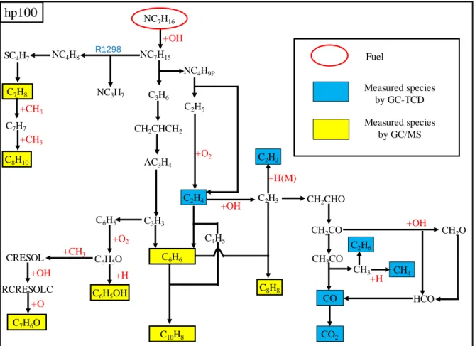 Figure 10. Main reaction pathway analysis for hp100 at U 0  = 10 cm/s, ϕ = 2.0, and T w,max  =  1,100 K