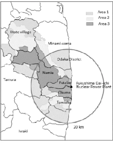 図 6  浪江町の避難区域の概要 44)  Area 1: 避難指示解除準備区域  Area 2:  居住制限区域 