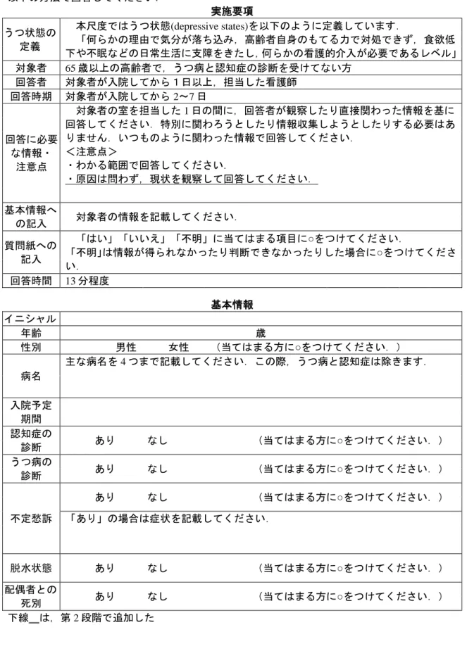 表 3  入院高齢患者のうつ状態を測定するための尺度    この尺度は，入院高齢患者のうつ状態を測定するためのものです．  以下の方法で回答してください．  実施要項  うつ状態の 定義    本尺度ではうつ状態(depressive states)を以下のように定義しています．    「何らかの理由で気分が落ち込み，高齢者自身のもてる力で対処できず，食欲低 下や不眠などの日常生活に支障をきたし，何らかの看護的介入が必要であるレベル」 対象者  65 歳以上の高齢者で，うつ病と認知症の診断を受けてない方  