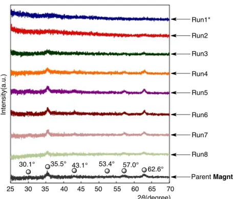 Fig. 1-2 X-ray diffraction patterns of parent magnetic nanoparticles and R F -(IEM) x -(Ad-HAc) y -R F              co-oligomeric nanocomposite-encapsulated Magnt.