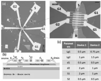 Fig. 1. (a) Microscope photo of the new ADGG-GFETs, (b)  Schematic description of the structure, and (c) the geometrical 