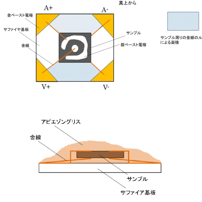 図 21    パルス磁場測定の端子の配置  (左図)  上から  (右図)  横から  概念図 
