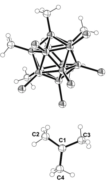 図 1-4.    Molecular structure of [Me 3 C][CHB 11 Me 5 Cl 6 ] ･ CH 2 Cl 2  with 50% thermal    ellipsoids