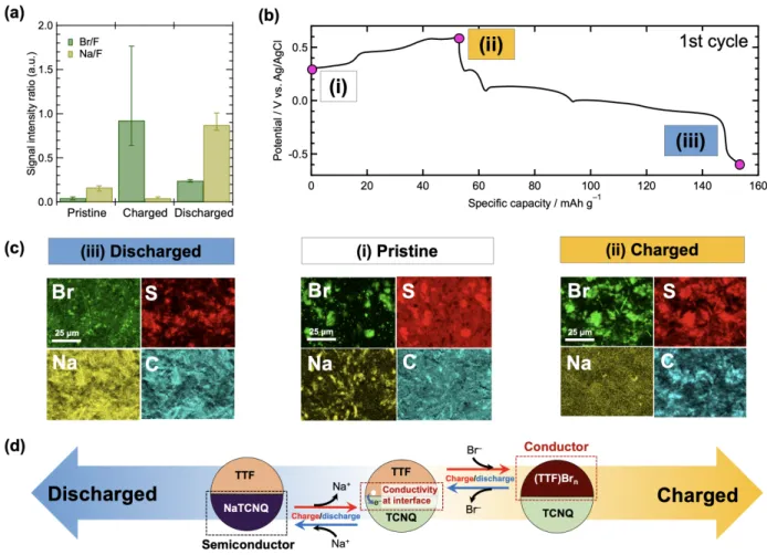 Figure 8. Analyses of redox state of the MCC cathode with SEM-EDX. (a) Quantitative analyses  of the signal amount for Br and Na corrected via fluorine at the pristine, charged, and discharged 