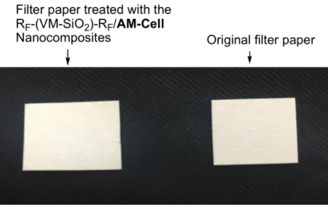 Figure 2-7 Photograph of the modified filter paper treated with the                    R F -(VM-SiO 2 )-R F /AM-Cell nanocomposites and the                    original filter paper