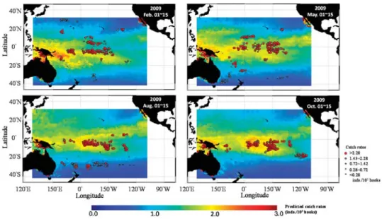 Figure 7. Distribution images of 15-day averaged 1 ◦ spatial grid-observed catch rates (solid circles) overlaid on the predicted catch rates of yellowﬁn tuna (1.0 ◦ pixel) for the TPO on February, May, July, and October 2009.