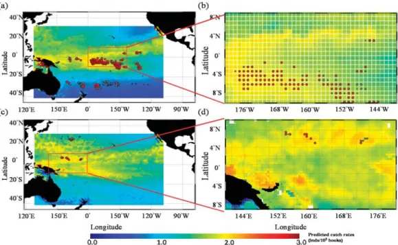 Figure 9. Distribution images of 15-day averaged observer catch rates (solid circles) overlaid on the predicted catch rates of yellowﬁn tuna (a) 1 ◦ spatial grid and (b) observer record data for 1–15 August 2009, in the TPO
