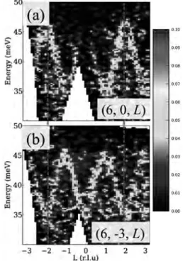 Fig. 2 Dispersion of magnetic excitation around  Q = (6, 0, L) and (6, -3, L). BaCu2V2O8は，c軸方向へCu2+(S= 1/2)のスピン鎖を持つ，擬1次元磁性体として知られている．この物質の粉末試料を用いた帯磁率の測定から，280 Kあたりで緩やかにピークを持つ1次元磁性体の特徴を持ち，また，交替ボンドモデルにより帯磁率測定の結果をよく再現できる事が確かめられている．更に，この帯磁率測定の結果から，スピンギャップは約20 