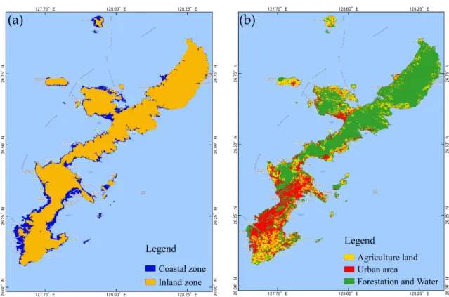 Figure 6. Parameters used to construct the MRIO, (a) is the topographical characteristic and (b) is the  economic land use type
