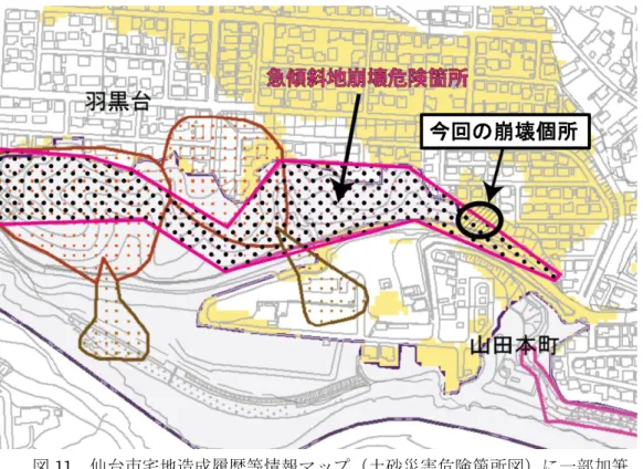 図 11  仙台市宅地造成履歴等情報マップ（土砂災害危険箇所図）に一部加筆  http://www.city.sendai.jp/kurashi/bosai/shiryo/rirekimap.html  図 12  仙台市宅地造成履歴等情報マップ（切土・盛土図）に一部加筆  http://www.city.sendai.jp/kurashi/bosai/shiryo/rirekimap.html 今回の崩壊個所今回の崩壊個所（1960年代造成）